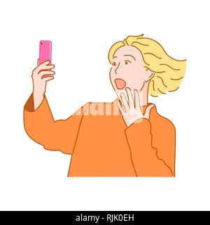 Überrascht blonde Mädchen mit flatternden Haaren und offenen Mund starrt in das Smartphone. Hand Stil doodle Design Illustration gezeichnet Stock Vektor