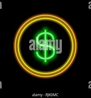 Münze Leuchtreklame. Hell leuchtende Symbol auf schwarzem Hintergrund. Neon Symbol Stil. Stock Vektor