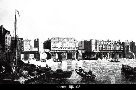 Eine Gravur, die einen Blick auf die London Bridge im Jahre 1745. Vom 18. Jahrhundert Stockfoto