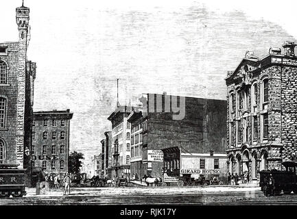 Ein kupferstich mit der Darstellung eines Straßenszene in Chicago. Vom 19. Jahrhundert Stockfoto