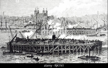 Ein kupferstich mit der Darstellung der Arbeit auf den unteren Teil des Flusses Piers. Der Tower von London ist im Hintergrund sichtbar. Vom 19. Jahrhundert Stockfoto