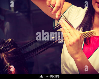 Professional Hair Styling, trimmen Spliss Konzept. Friseur schneiden Frau Dunkle lange Haare Stockfoto