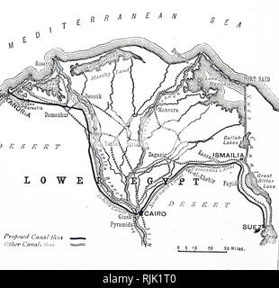 Eine Gravur, Fowler und Baker's 386 km Süßwasser-Kanal von Alexandria zu den Suez Kanal über Kairo vorgeschlagen. Vom 19. Jahrhundert Stockfoto