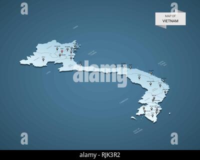 Isometrische 3D-Vietnam Karte, Vector Illustration mit Städten, Ländergrenzen, Kapital, administrative divisions und Zeiger markiert; Gradient blauen Hintergrund. C Stock Vektor