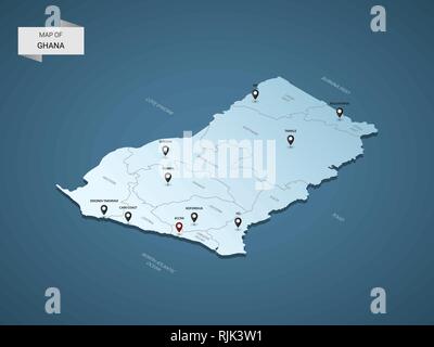 Isometrische 3D-Ghana Karte, Vector Illustration mit Städten, Ländergrenzen, Kapital, administrative divisions und Zeiger markiert; Gradient blauen Hintergrund. Con Stock Vektor