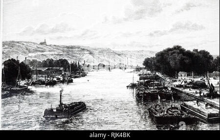 Eine Gravur, die Lastkähne auf dem Fluss Seine in Rouen. Vom 19. Jahrhundert Stockfoto