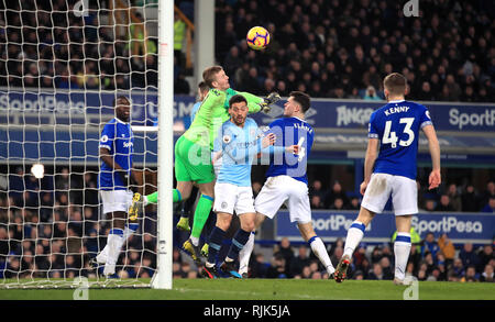 Everton Torwart Jordanien Pickford Stanzen klar während der Premier League Spiel im Goodison Park, Liverpool. Stockfoto