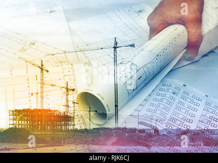 Krane, Gebäude und Baukonzept.Architekt und Blaupause Hintergrund Stockfoto