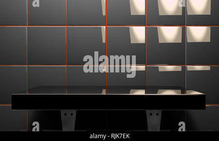 Moderne Zähler und Regal. Leer schwarz gefliesten Zimmer. Schwarze fliesen Wand Hintergrund. 3D-Darstellung Stockfoto