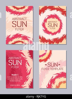 Satz von vier Flyer mit Sun Thema. Flaming kreisen. Stilisierte sonnen. Zusammenfassung Hintergrund. Vector Illustration. Stock Vektor