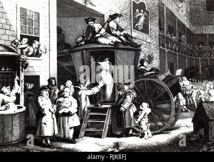 Eine Gravur, die Fluggäste einer Postkutsche im Hof eines typischen galleried Inn Gedanken in Chelmsford, Essex. Stich von William Hogarth (d. 1764) ein englischer Maler, Grafiker, bildliche Satiriker, Sozialkritiker und Editorial cartoonist. Vom 18. Jahrhundert Stockfoto