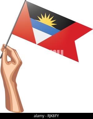 Antigua und Barbuda Flagge und Hand auf weißem Hintergrund. Vector Illustration Stock Vektor