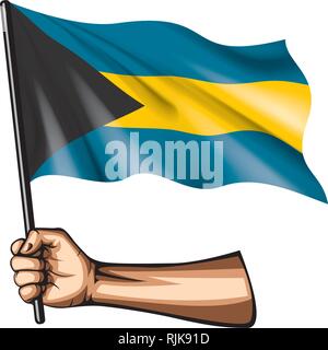 Bahamas Flagge und Hand auf weißem Hintergrund. Vector Illustration Stock Vektor