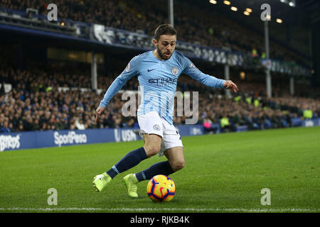 Liverpool, Großbritannien. 06 Feb, 2019. Bernardo Silva von Manchester City in Aktion. Premier League match, Everton v Manchester City im Goodison Park in Liverpool am Mittwoch, 6. Februar 2019. Dieses Bild dürfen nur für redaktionelle Zwecke verwendet werden. Nur die redaktionelle Nutzung, eine Lizenz für die gewerbliche Nutzung erforderlich. Keine Verwendung in Wetten, Spiele oder einer einzelnen Verein/Liga/player Publikationen. pic von Chris Stading/Andrew Orchard sport Fotografie/Alamy Live news Credit: Andrew Orchard sport Fotografie/Alamy leben Nachrichten Stockfoto