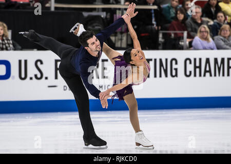 Detroit, Michigan, USA. 4 Feb, 2019. JESICA CALALANG und Brian Johnson während die Paare Kür des 2019 uns Eiskunstlauf Meisterschaft an Little Caesars Arena, Detroit, Michigan. (Bild: © Scott Hasse/ZUMA Drücken) Stockfoto