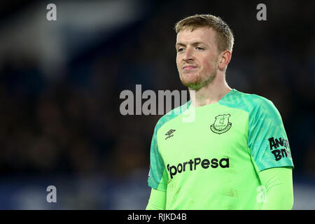 Liverpool, Großbritannien. 06 Feb, 2019. Everton Torwart Jordanien Pickford an schaut. Premier League match, Everton v Manchester City im Goodison Park in Liverpool am Mittwoch, 6. Februar 2019. Dieses Bild dürfen nur für redaktionelle Zwecke verwendet werden. Nur die redaktionelle Nutzung, eine Lizenz für die gewerbliche Nutzung erforderlich. Keine Verwendung in Wetten, Spiele oder einer einzelnen Verein/Liga/player Publikationen. pic von Chris Stading/Andrew Orchard sport Fotografie/Alamy Live news Credit: Andrew Orchard sport Fotografie/Alamy leben Nachrichten Stockfoto