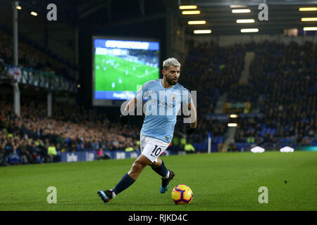 Liverpool, Großbritannien. 06 Feb, 2019. Sergio Agüero von Manchester City in Aktion. Premier League match, Everton v Manchester City im Goodison Park in Liverpool am Mittwoch, 6. Februar 2019. Dieses Bild dürfen nur für redaktionelle Zwecke verwendet werden. Nur die redaktionelle Nutzung, eine Lizenz für die gewerbliche Nutzung erforderlich. Keine Verwendung in Wetten, Spiele oder einer einzelnen Verein/Liga/player Publikationen. pic von Chris Stading/Andrew Orchard sport Fotografie/Alamy Live news Credit: Andrew Orchard sport Fotografie/Alamy leben Nachrichten Stockfoto