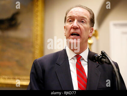 Washington, Vereinigte Staaten von Amerika. 06 Feb, 2019. David Malpass, Wahl Usa Präsident Donald J. Trumpf der Weltbank zu führen, macht Bemerkungen im Roosevelt Raum des Weißen Hauses in Washington, DC, 6. Februar 2019. Quelle: Martin H. Simon/CNP | Verwendung der weltweiten Kredit: dpa/Alamy leben Nachrichten Stockfoto