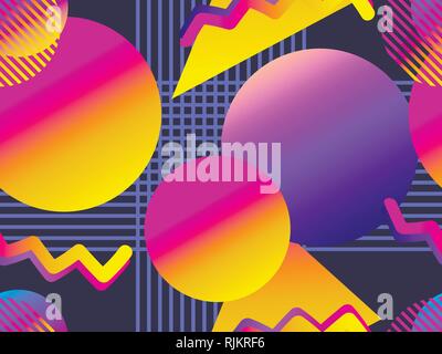 Nahtlose Muster mit geometrischen Objekten im Memphis Stil der 80er Jahre. Gradient formen. Synthwave retro Hintergrund. Retrowave. Vector Illustration Stock Vektor