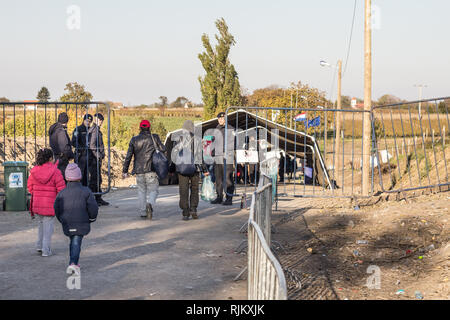 BERKASOVO, Serbien - 17. OKTOBER 2015: Flüchtlinge auf dem Weg zur kroatischen Grenzübergang Kroatien Serbien Grenze, zwischen den Städten Bapsk Stockfoto