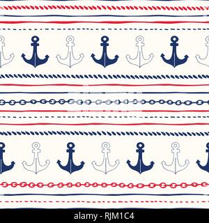 Hand-Drawn Seile und Ketten horizontalen Streifen mit Ankern Vektor nahtlose Muster. Rot, Weiß und Blau Marine Hintergrund. Meer, Ozean Elemente. Stock Vektor