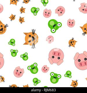 Nahtlose Muster der Kopf einer Katze Frosch und Schwein. Vector Illustration im Cartoon Stil. Stock Vektor