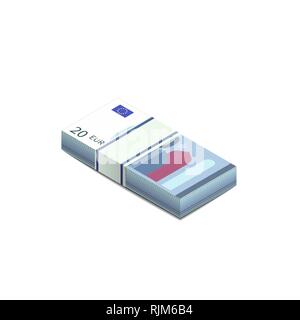 Helle 20 Euro-Banknoten im Stapel in der isometrischen Ansicht, Stapel Noten isoliert auf weißem Stock Vektor