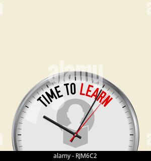 Zeit zum Lernen. Weiß Vektor Uhr mit Motivations Slogan. Analog Metall mit Glas. Vector Illustration isoliert auf einfarbigen Hintergrund. Stock Vektor