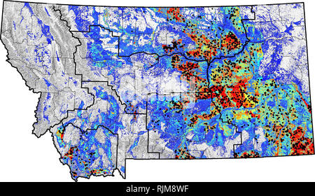 . Umfragen für Grünland Vögel des Malta Field Office-BLM, einschließlich einer 7-jährigen Studie mit North Valley County. Vögel; Vogelpopulationen; Vogelpopulationen; Vogelpopulationen; Wiesen; seltene Vögel; Lebensraum Umfragen. Mehr Centrocercus urophasianus Sage-Grouse {) AUF S S-X n. Abbildung C2. Die heiß-kalte Farbe Karte zeigt die Eignung der einzelnen Gridzellen als Funktion der Umgebungsvariablen zu der Gridzelle. Heißer Farben kennzeichnen Bereiche, die prognostiziert werden mehr geeigneten Lebensraum für die Arten zu haben. Schwarze Punkte sind positive Daten verwendet, um das Modell eine plastische Karte zu bauen, BLM Fiel Stockfoto