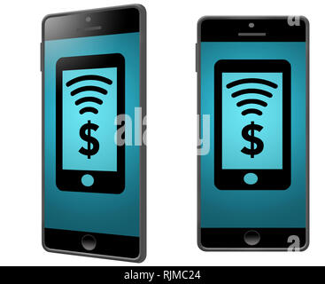 Grafik Ressource - Generische, mock Handys haben ein Bild von einem Dollarzeichen und einem NFC-Signal für ein Wireless Payment per Telefon. Dies ist eine Abbildung Stockfoto