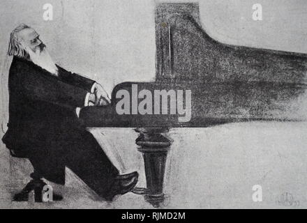 Abbildung: Johannes Brahms (1833-1897), deutscher Komponist, am Klavier. Nach dem Zeichnen von Prof. W. von Beckerath Stockfoto