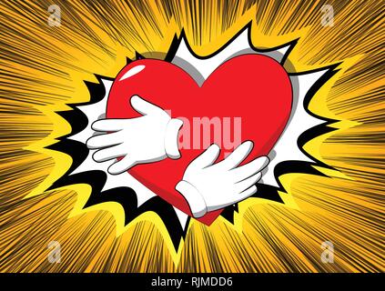 Vektor cartoon Hand umarmen Rotes Herz. Illustrierte Zeichen auf Comic Hintergrund. Stock Vektor