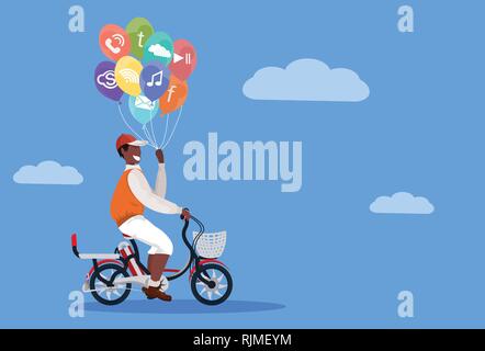 Man radfahren Fahrrad halten bunte Luftballons social media network Konzept afrikanische amerikanische Kerl Reiten Fahrrad männliche Zeichentrickfigur in voller Länge Stock Vektor