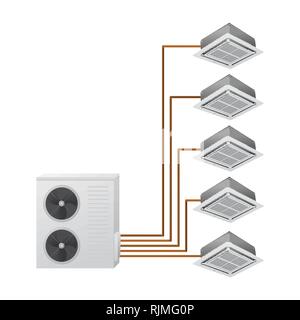 Die Klimaanlage. Vector Illustration. Multi Split. Ein Außenpool und 5 Inneneinheit. Decke Kassette. Stock Vektor