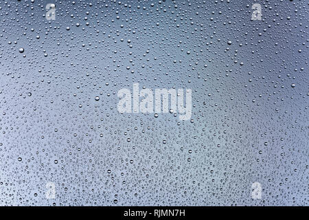 Tropfen Wasser auf Glas in einem grauen Hintergrund. Abstraktion. Stockfoto