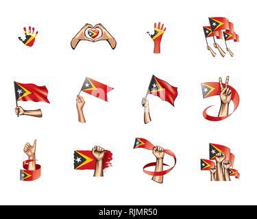 Osttimor Flagge und Hand auf weißem Hintergrund. Vector Illustration Stock Vektor