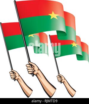 Burkina Faso Flagge und Hand auf weißem Hintergrund. Vector Illustration Stock Vektor