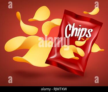 Red Chips Paket mockup mit gelben knusprige Snacks, Werbung Konzept Stock Vektor