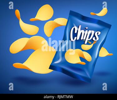 Blue Chips Paket mockup mit gelben knusprige Snacks, Werbung Konzept Stock Vektor