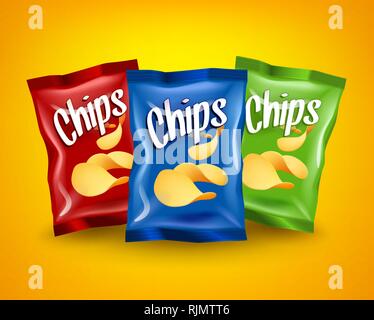 Satz von roten, blauen und grünen Chips Pakete mit gelben knusprige Snacks, Werbung Konzept Stock Vektor