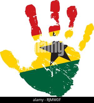 Ghana Flagge und Hand auf weißem Hintergrund. Vector Illustration Stock Vektor