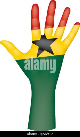 Ghana Flagge und Hand auf weißem Hintergrund. Vector Illustration Stock Vektor