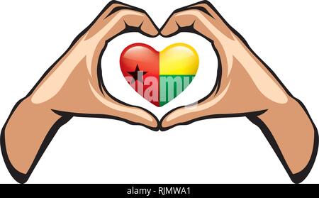 Guinea Bissau Flagge und Hand auf weißem Hintergrund. Vector Illustration Stock Vektor