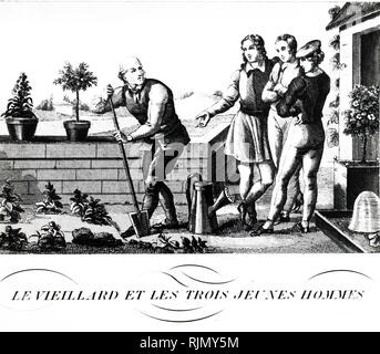 Eine Gravur, eine alte Gärtner mit Drei junge Männer aus einer französischen Ausgabe von La Fontaine Fabeln, veröffentlicht ca. 1835. Hier werden die jungen Männer sind mokiert sich der alte Mann für einen Baum pflanzen in seinem Alter! Aber er überlebt sie alle. Stockfoto