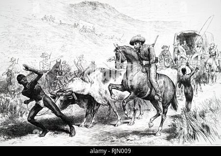 Abbildung: Unruhen in Bechuianaland (Botswana): Buren Erhebung rechtswidrig Zölle auf Trader's Wagen. Cecil Rhodes geholfen viel von Betschuanaland für Großbritannien sichern, in Opposition zu der Republik Transvaal. Während die Jagt für Afrika Das Gebiet von Botswana von sowohl in Deutschland als auch in Großbritannien begehrt war. Während der Berliner Konferenz, Großbritannien beschlossen, Botswana zu Anhang Um die Straße nach Norden zu sichern und damit die Kapkolonie zu seiner Territorien verbinden Sie weiter im Norden. Sie einseitig beigefügt Tswana Gebieten im Januar 1885 Stockfoto