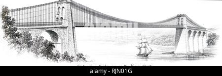 Abbildung: Telford's Menai Suspension Bridge. Detail aus einem undatierten Prospekt. Stockfoto