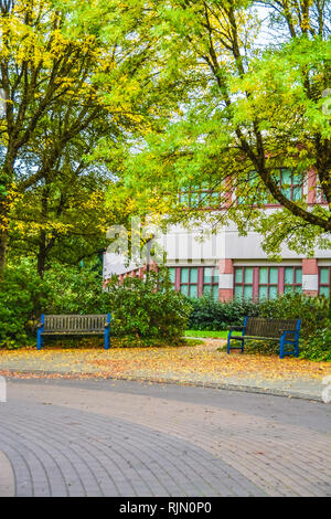 Gepflasterte Einfahrt und zwei Bänken unter den Bäumen auf Herbst in Kanada Stockfoto