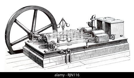 Abbildung: Horizontale Dampfmaschine, Gouverneur und Schwungrad 1888 Stockfoto