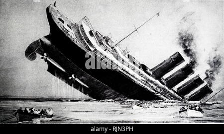 Abbildung: Der Untergang des Amerikanischen Liner "Lusitania", nachdem man durch einen Torpedo von einem deutschen U-Boot, 7. Mai 1915 getroffen werden. Eine Anzahl von Passagiere ertranken. Deutsche behauptete sie trug Munition. Stockfoto