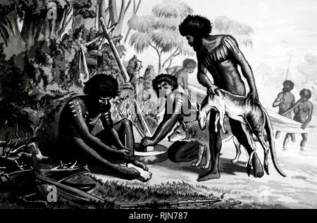 Abbildung: australischen Aborigines Vorbereitung einer Mahlzeit neben einem Fluss. Der Mann auf der linken Seite ist Feuer machen durch Reiben weichholz Kern mit Hartholz stick (Blister). Mit ihnen ist die Jagd Hund (Dingo?). Stockfoto
